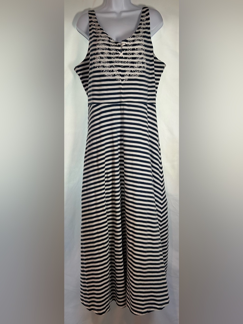 Chaps Striped Embroidered Lace-Up Maxi Dress Navy White Cotton XL